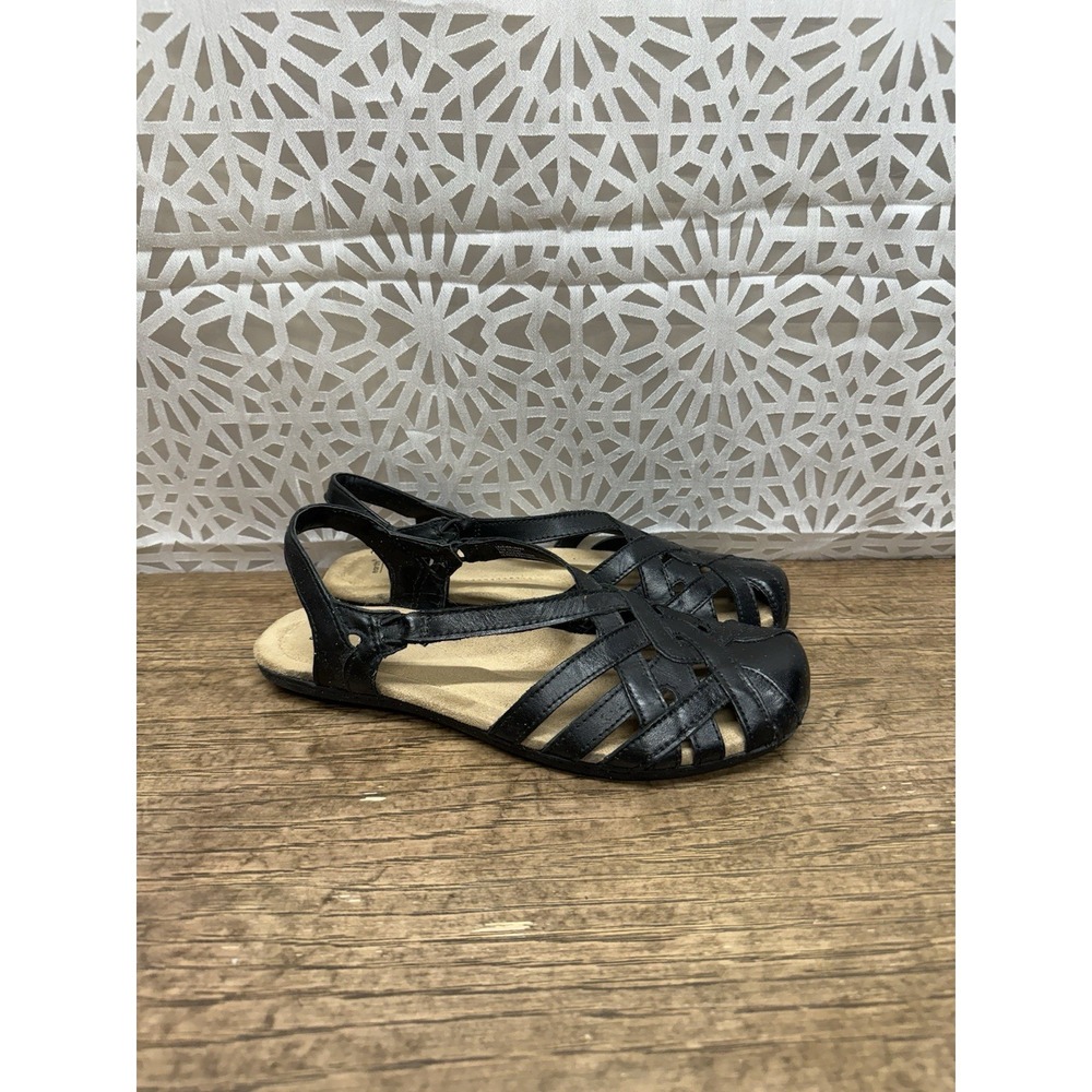 Earth Origins Women's Belle Brielle Black Noir Leather Flat Sandals Size 9.5